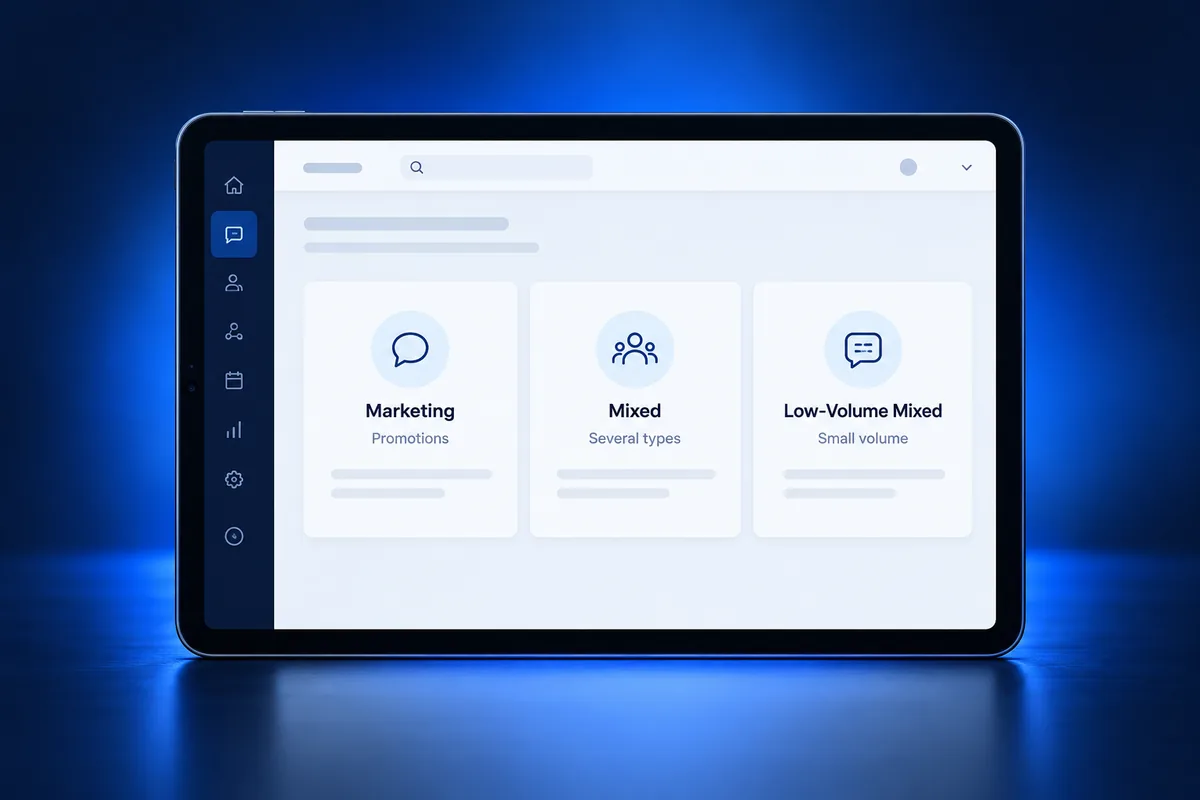 10DLC campaign types selection screen showing Marketing, Mixed and Low-Volume Mixed use cases