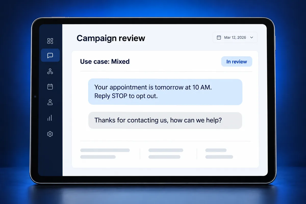 10DLC campaign review screen comparing the chosen use case with sample messages