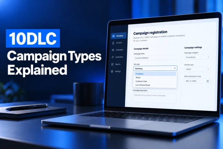 10DLC campaign types: campaign registration form with the use case dropdown open