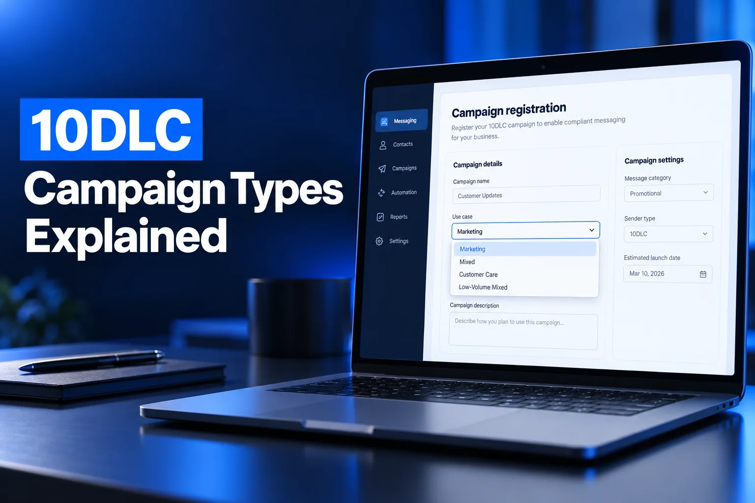 10DLC campaign types: campaign registration form with the use case dropdown open