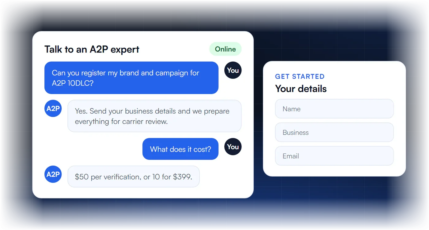 Talk to an A2P 10DLC expert about registering your brand and campaign