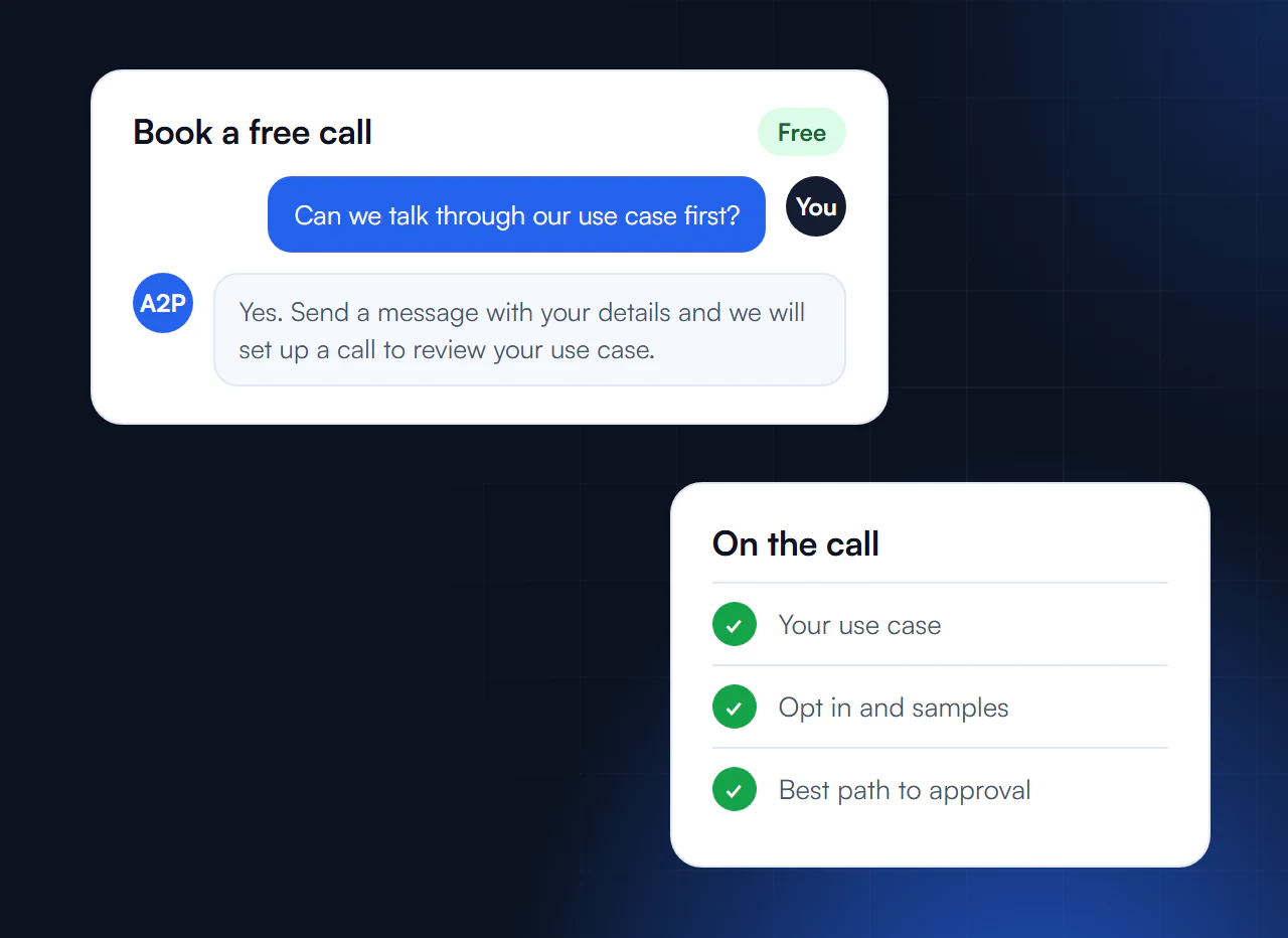 Chat card for booking a free A2P 10DLC call, with what the call covers
