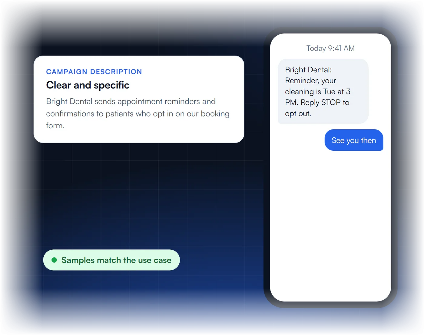 Clear campaign description next to a sample text message with STOP opt out