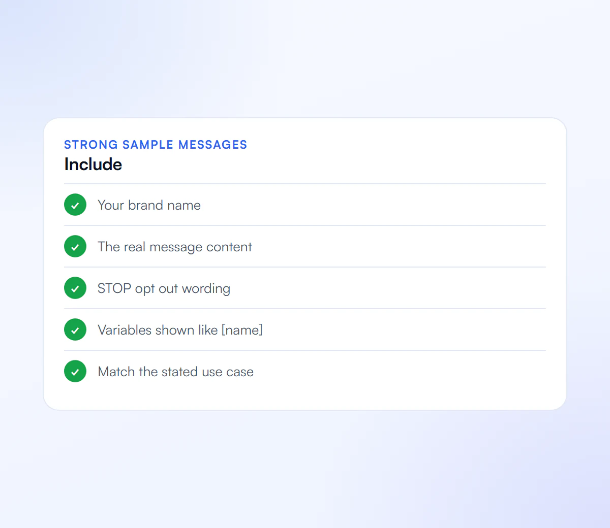 What strong A2P 10DLC sample messages include