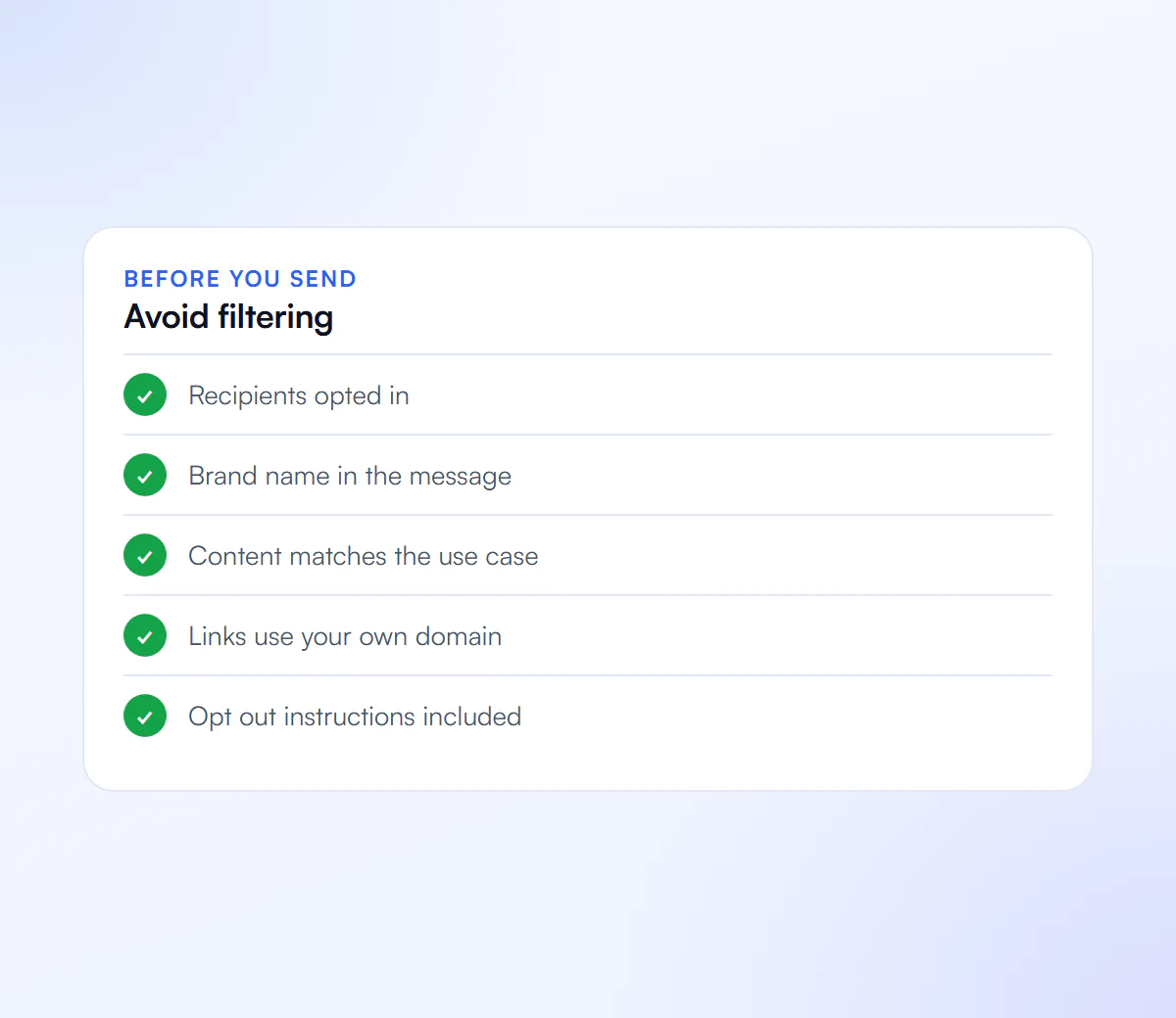 Checklist to avoid filtering: recipients opted in, brand name in the message, content matches the use case, own domain links and opt out instructions