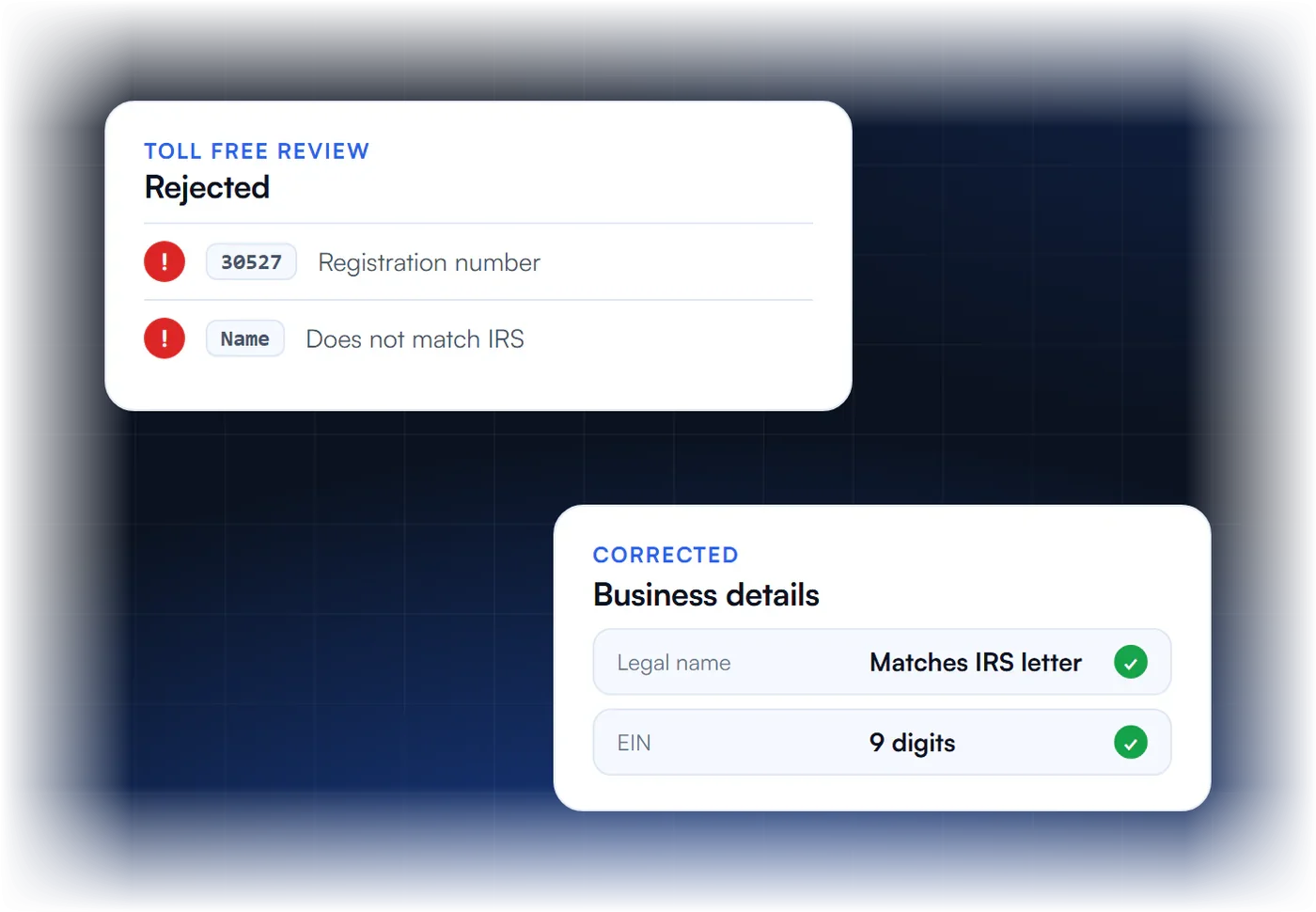 Toll free review rejected with error 30527 because the name does not match the IRS, next to corrected business details with a 9 digit EIN