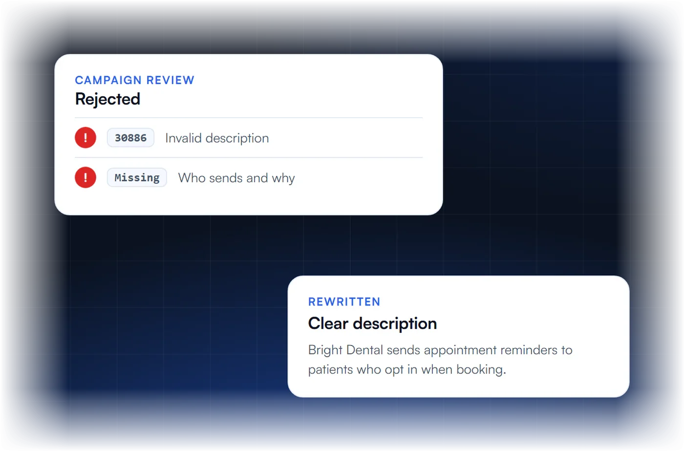 Campaign review rejected with error 30886 for an invalid description, next to a rewritten clear description