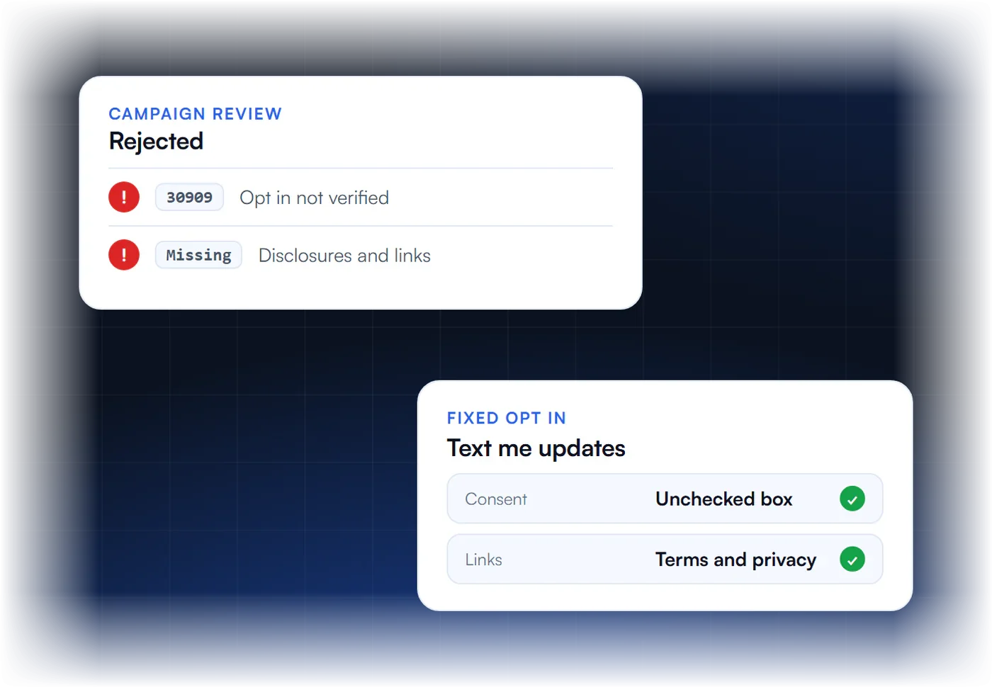 Campaign rejected with error 30909, opt in not verified, next to a fixed opt in with an unchecked box and terms and privacy links
