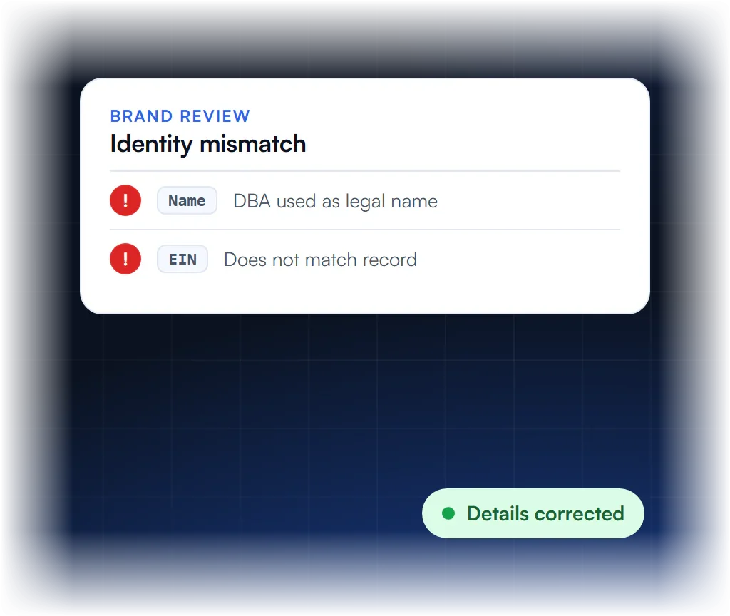 Brand review identity mismatch: a DBA used as the legal name and an EIN that does not match records, later corrected