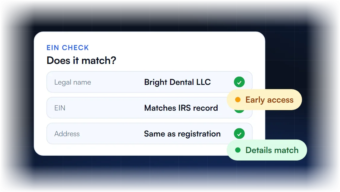 EIN check comparing legal name, EIN and address with business records