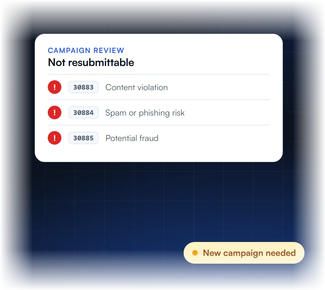 Campaign review marked not resubmittable for content violation, spam or phishing risk and potential fraud, needing a new campaign