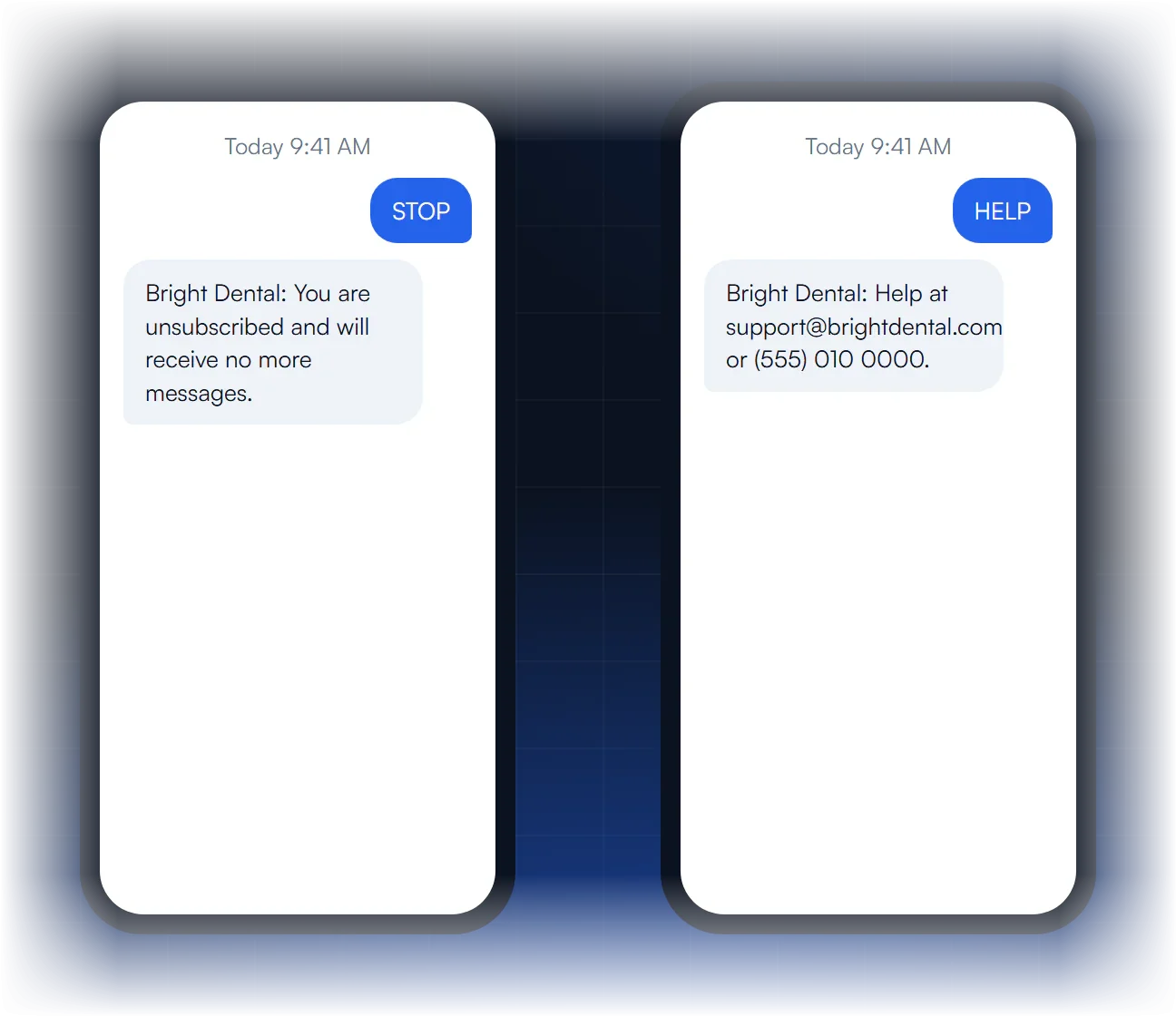 Two phones showing a STOP reply confirming the unsubscribe and a HELP reply with the business support contact