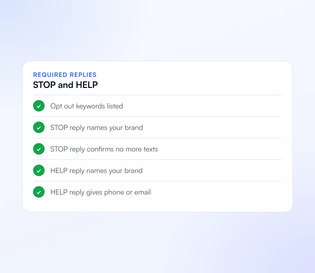 Required STOP and HELP replies: opt out keywords listed, brand named, no more texts confirmed and phone or email given