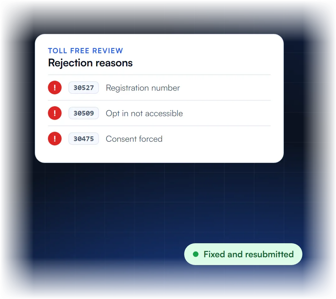 Toll free review listing rejections for registration number, inaccessible opt in and forced consent, then fixed and resubmitted