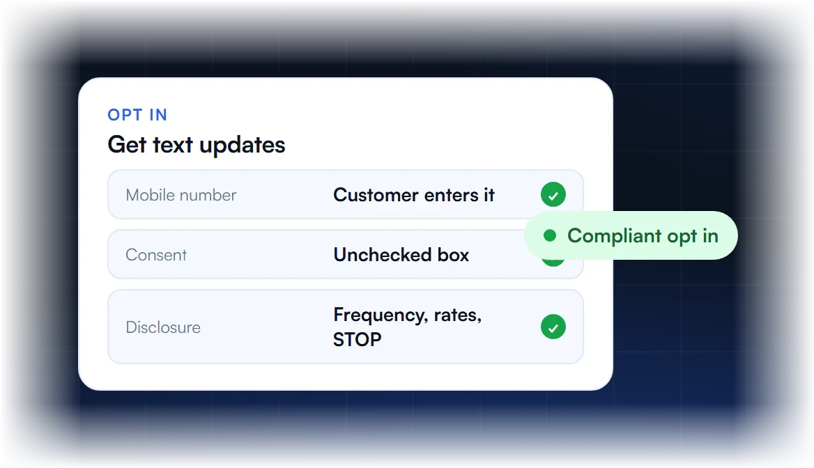 SMS opt in form with mobile number, consent checkbox and disclosure