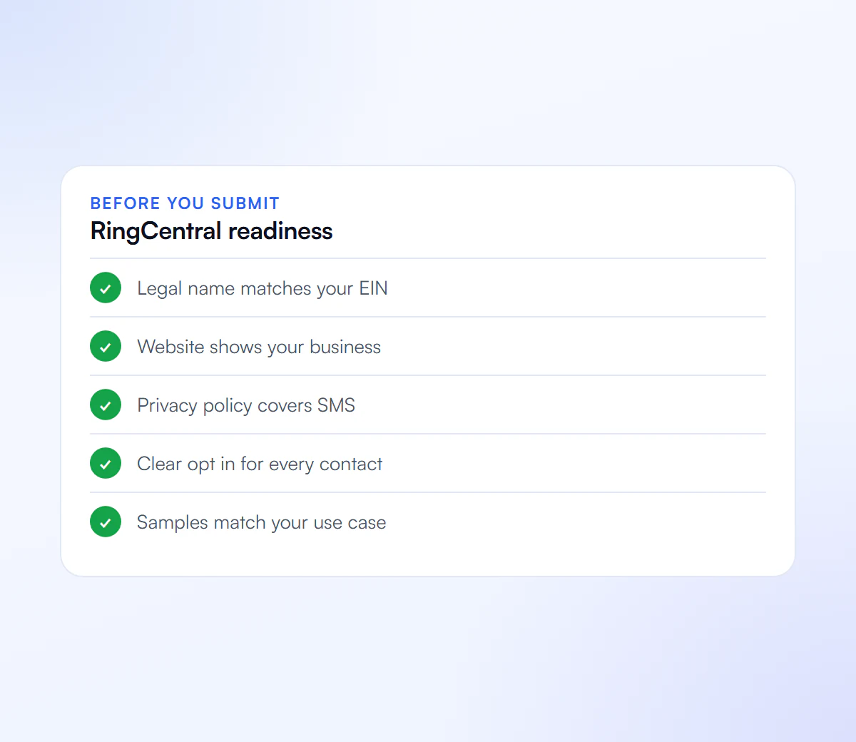 RingCentral SMS registration readiness checklist