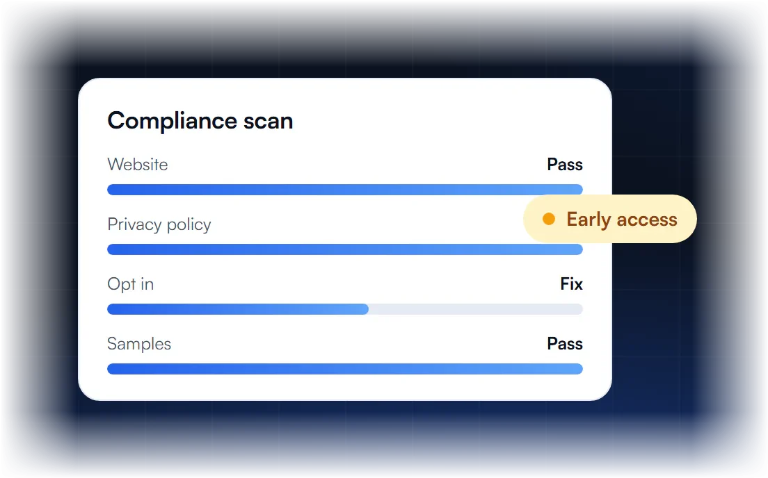 Compliance scan results for website, privacy policy, opt in and sample messages