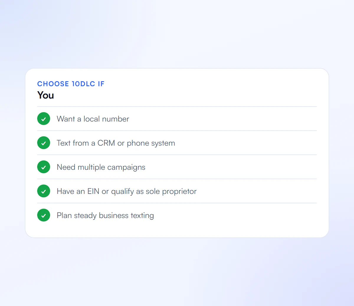 When to choose 10DLC: a local number, texting from a CRM or phone system, multiple campaigns, an EIN or sole proprietor and steady texting