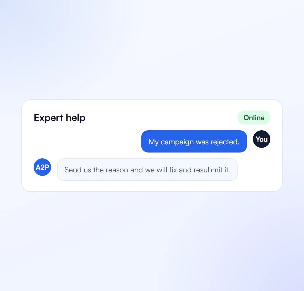 Chat where a customer reports a rejected campaign and A2P Ready offers to fix and resubmit it