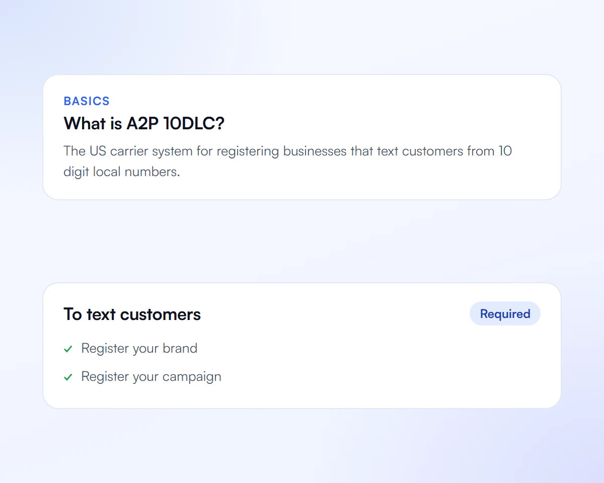 Card explaining A2P 10DLC and that texting customers requires brand and campaign registration