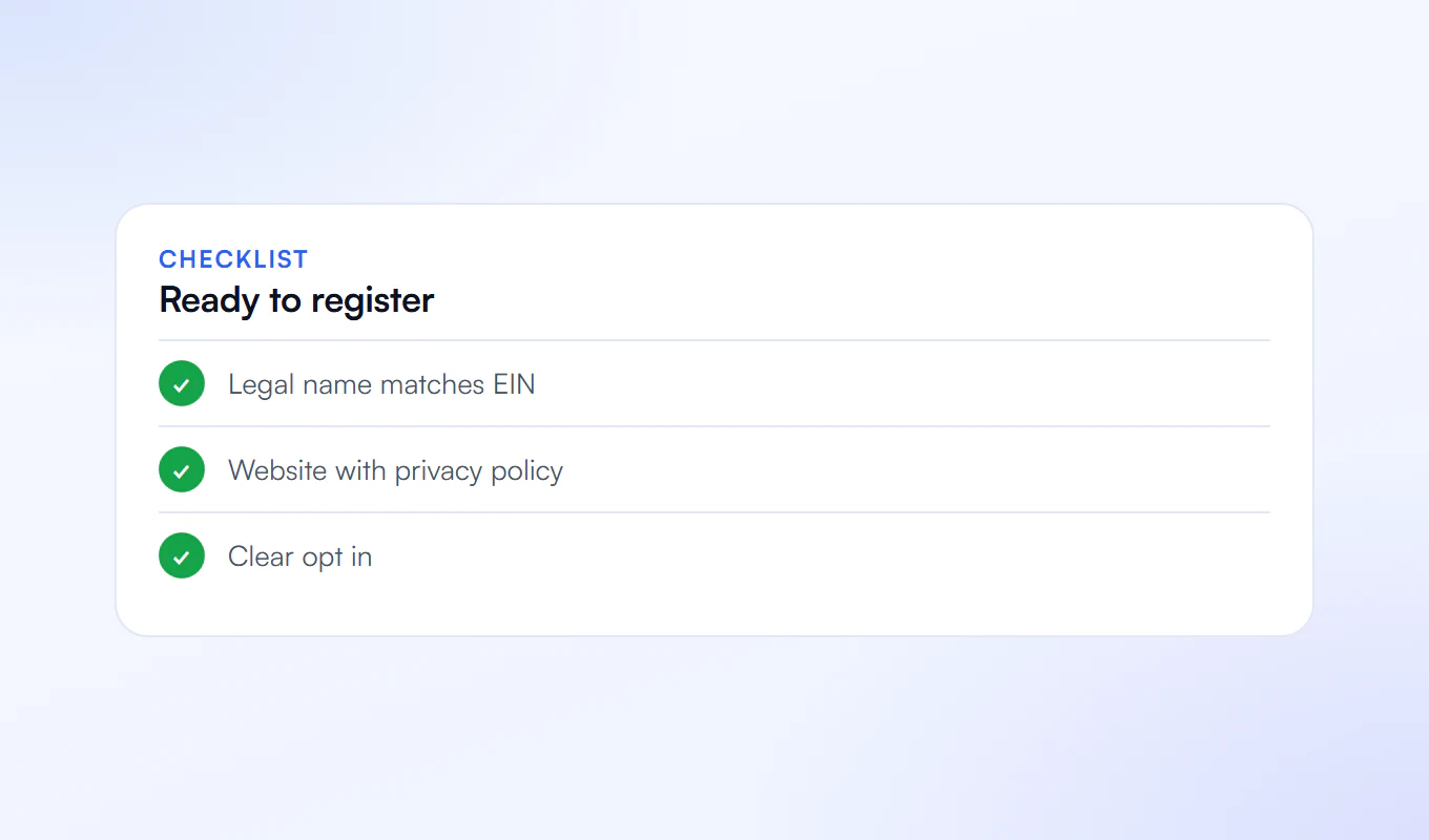 Ready to register checklist: legal name matches EIN, website with privacy policy and clear opt in