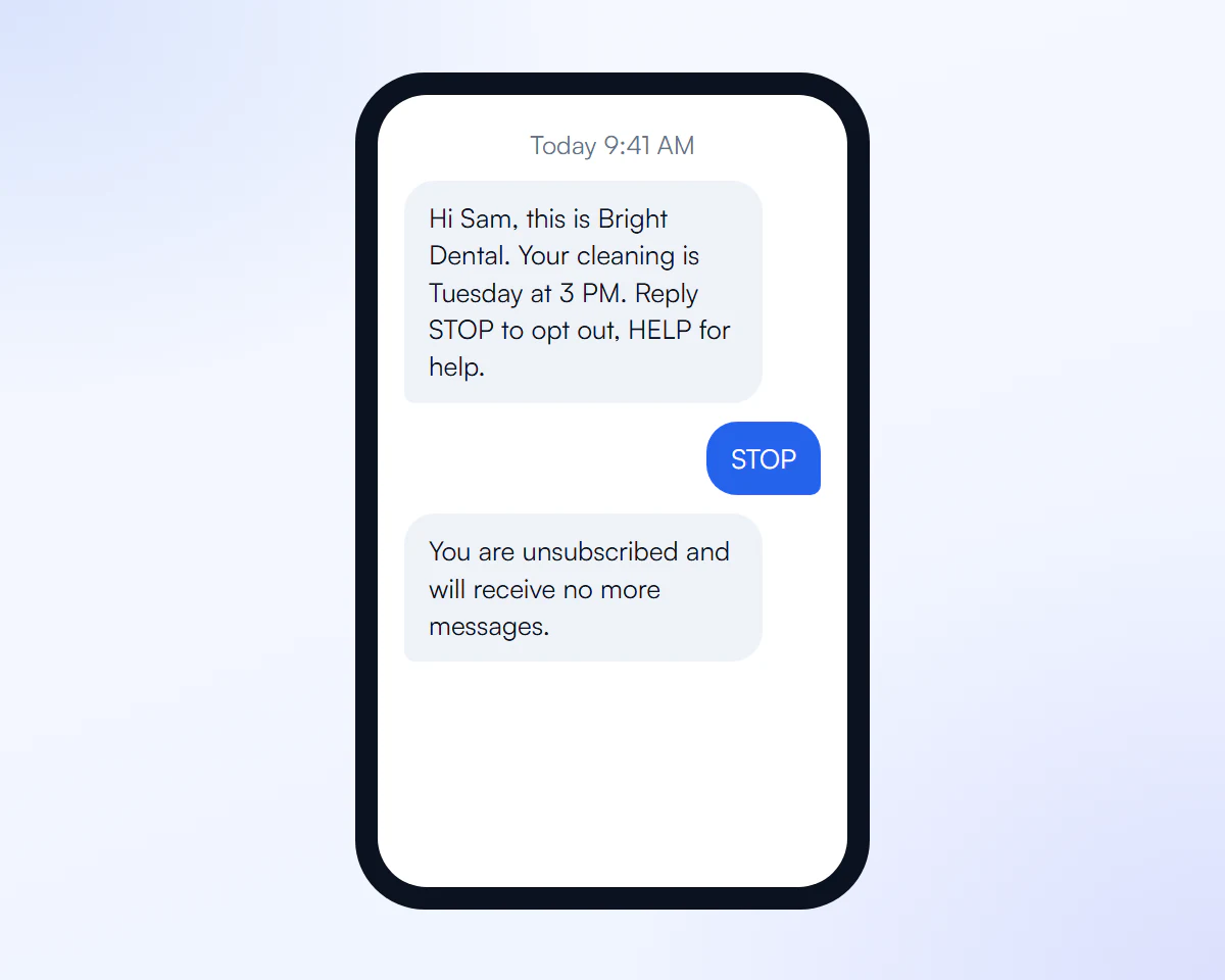 Appointment reminder text with STOP and HELP instructions and the unsubscribe confirmation reply