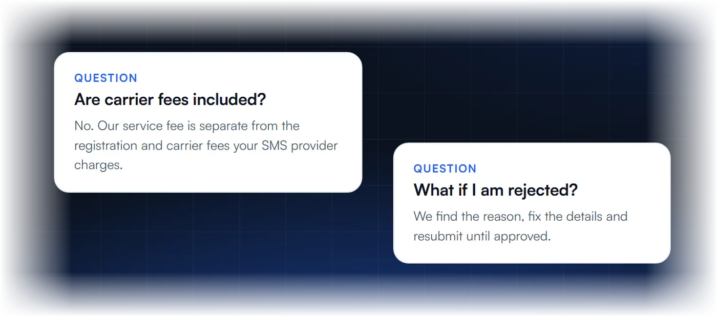 FAQ cards answering whether carrier fees are included and what happens if a campaign is rejected