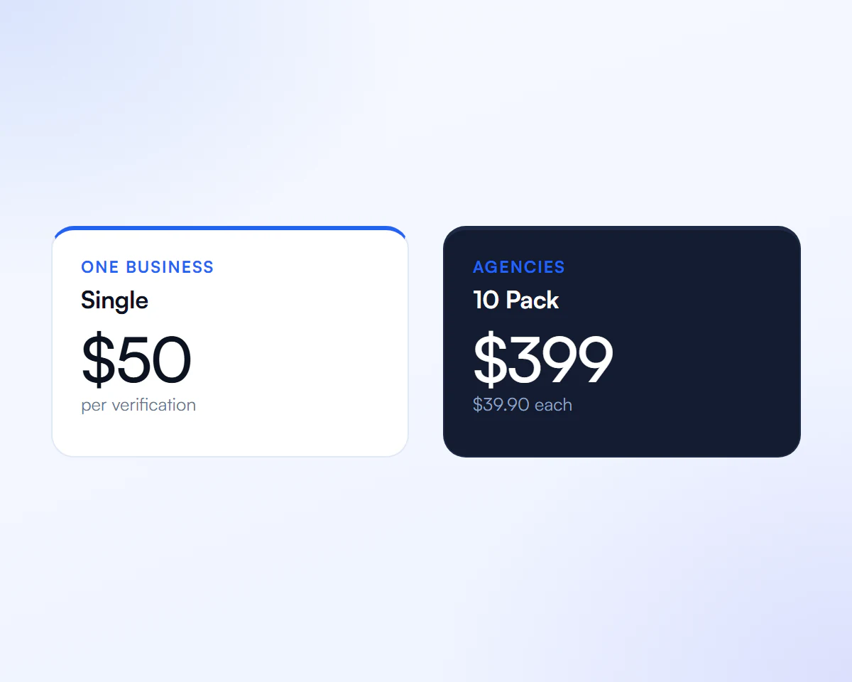 Pricing cards: $50 for a single verification and $399 for a 10 pack at $39.90 each