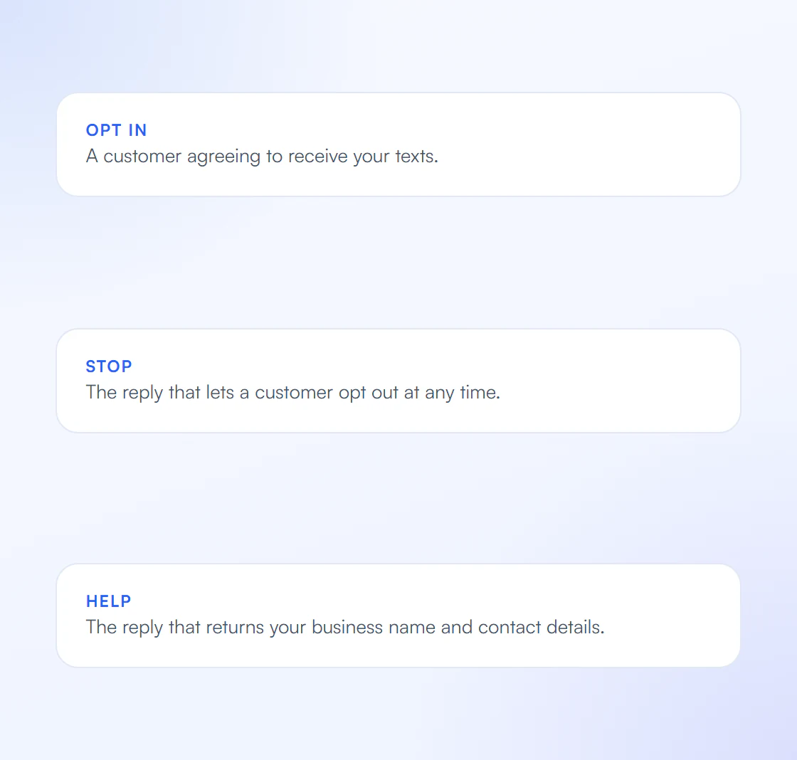 Definitions of opt in, STOP and HELP