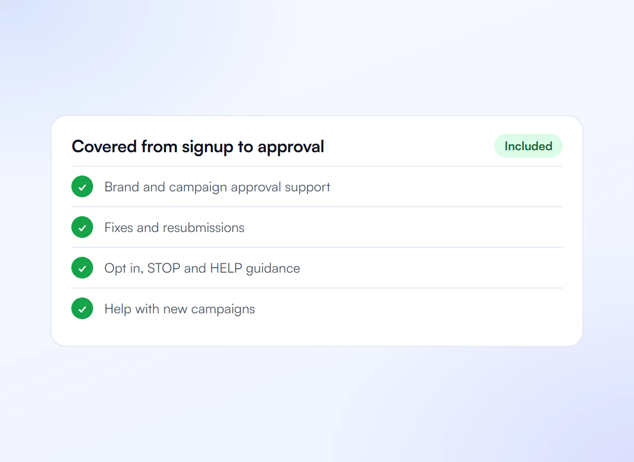 Coverage from signup to approval: approval support, fixes and resubmissions, opt in, STOP and HELP guidance and help with new campaigns