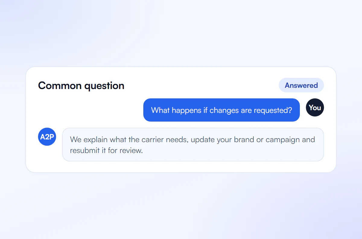 Chat answering what happens if changes are requested: we explain, update the brand or campaign and resubmit