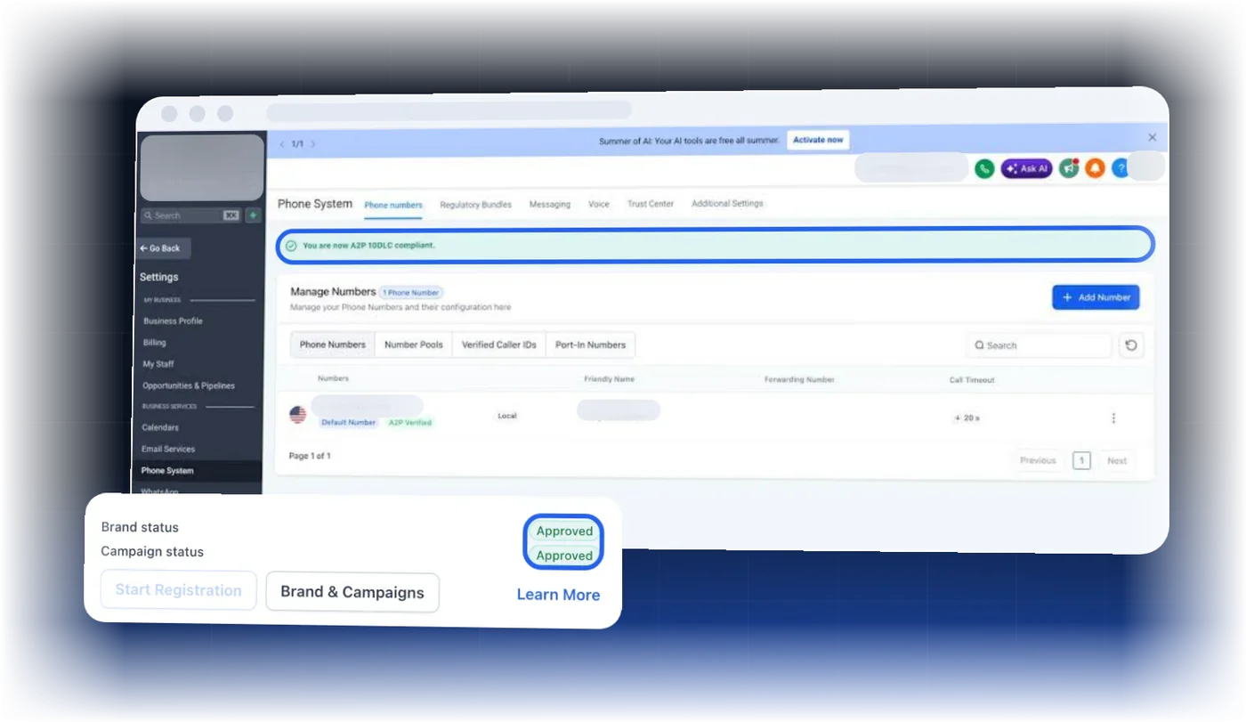 Real client A2P 10DLC dashboard showing brand and campaign approved and the number A2P Verified