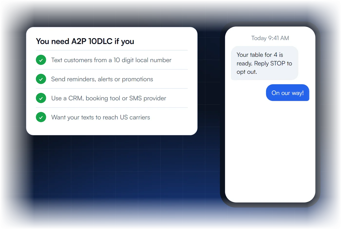 Checklist of who needs A2P 10DLC registration beside a sample business text with STOP opt out