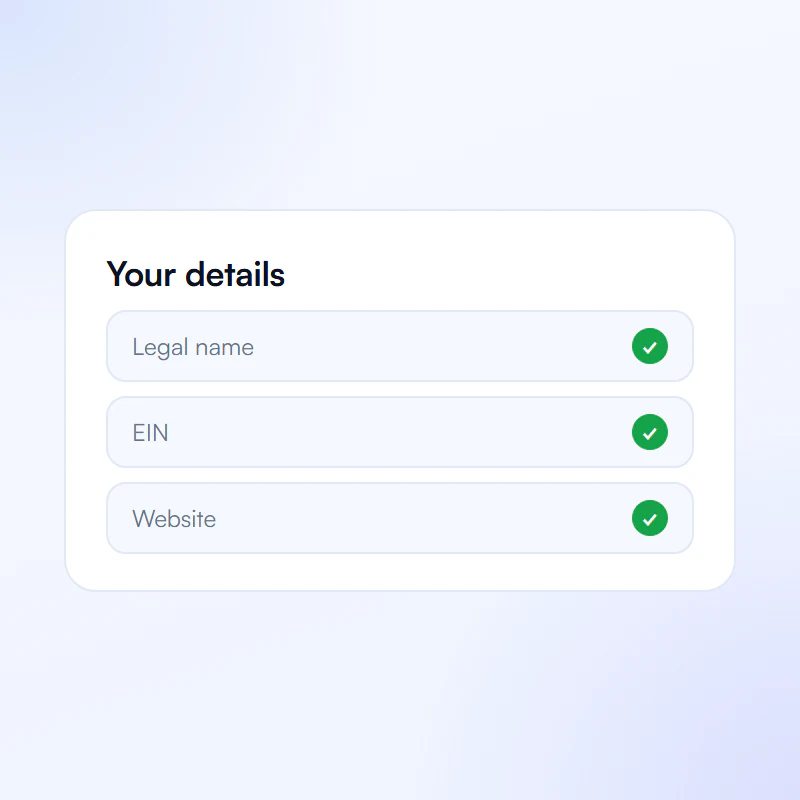 Business details form with legal name, EIN and website checked
