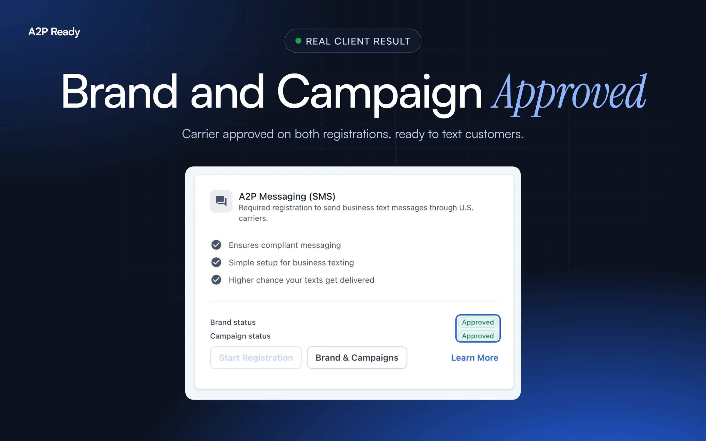Real client A2P brand status and campaign status both Approved