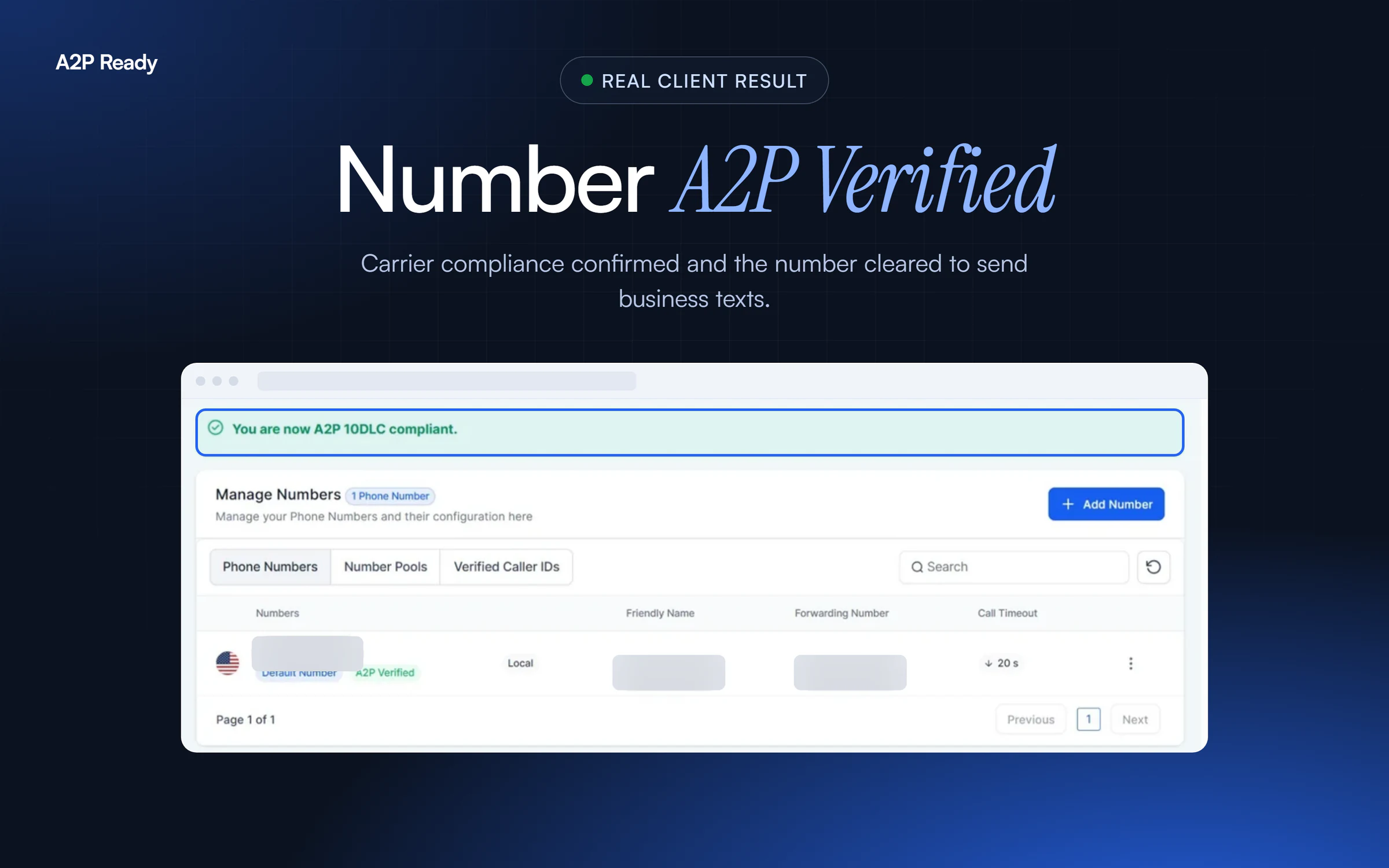 Real client phone number marked A2P Verified after 10DLC registration