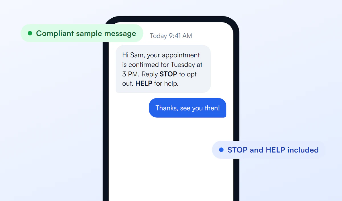 Compliant A2P sample text message with STOP and HELP