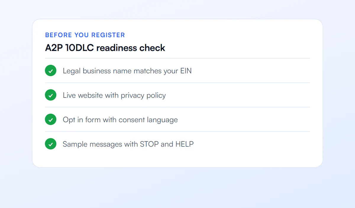 A2P 10DLC readiness checklist before you register