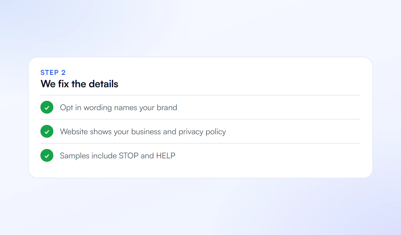 Step 2, fixing opt in, website and sample messages