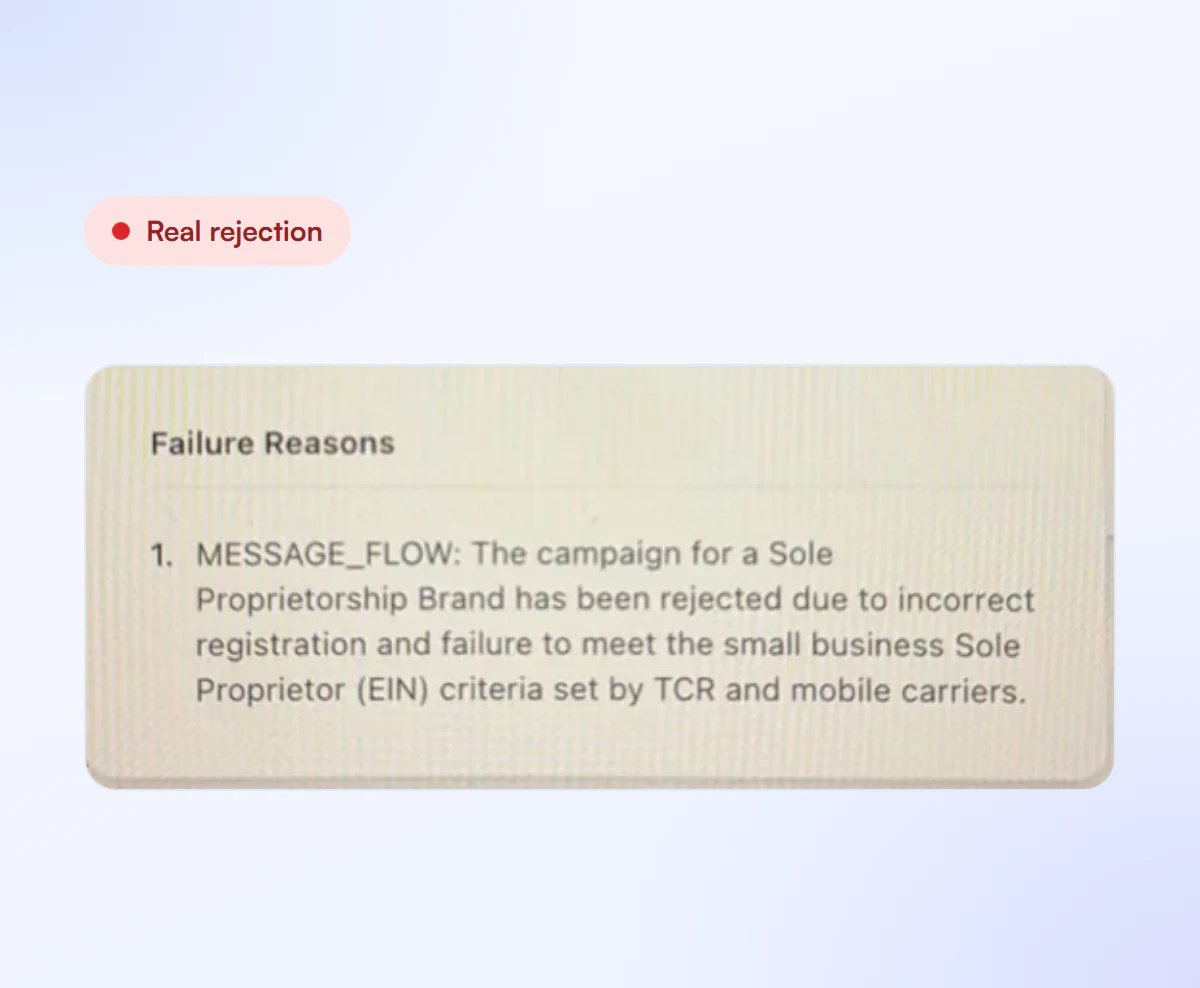 Real rejection for Sole Proprietor EIN criteria and incorrect registration