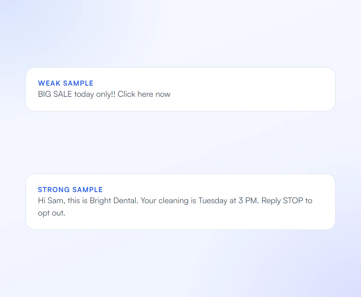 Weak sample message compared with a strong compliant sample