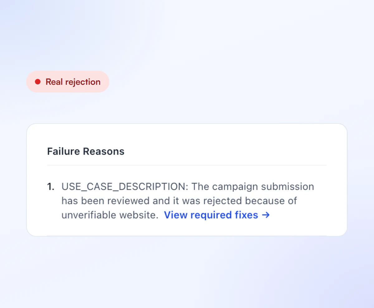 Real campaign rejection for an unverifiable website