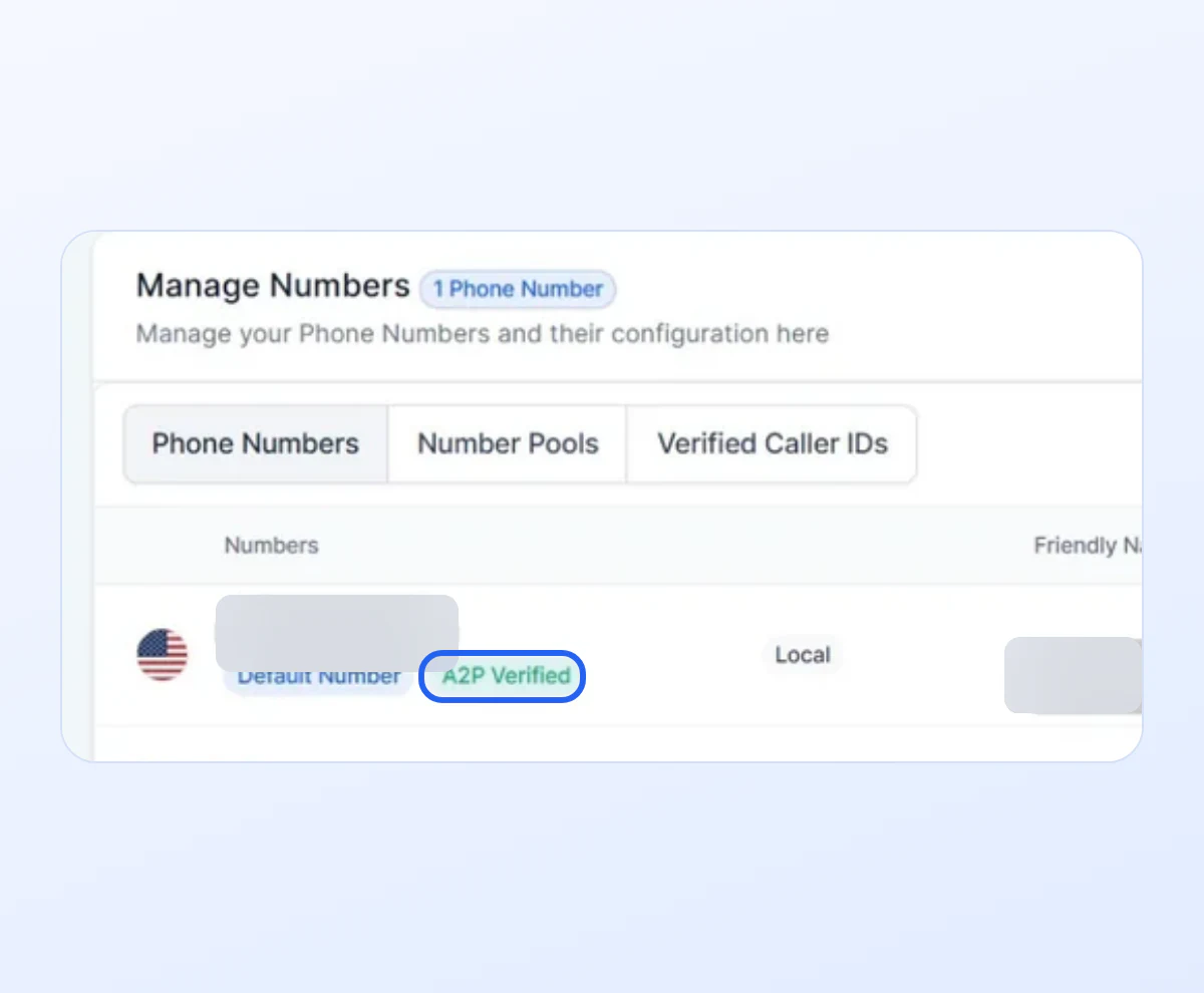 Real client number marked A2P Verified after approval follow up