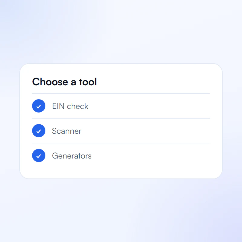 Tool picker with EIN check, compliance scanner and generators