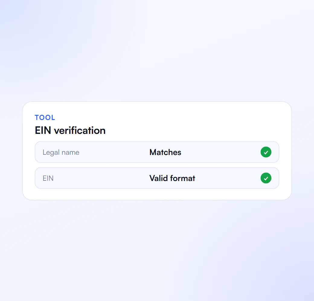 EIN verification tool showing the legal name matches and the EIN is in a valid format