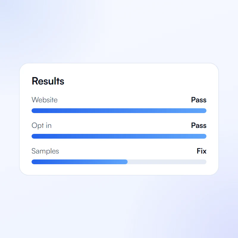 Compliance results with website and opt in passing and sample messages needing a fix