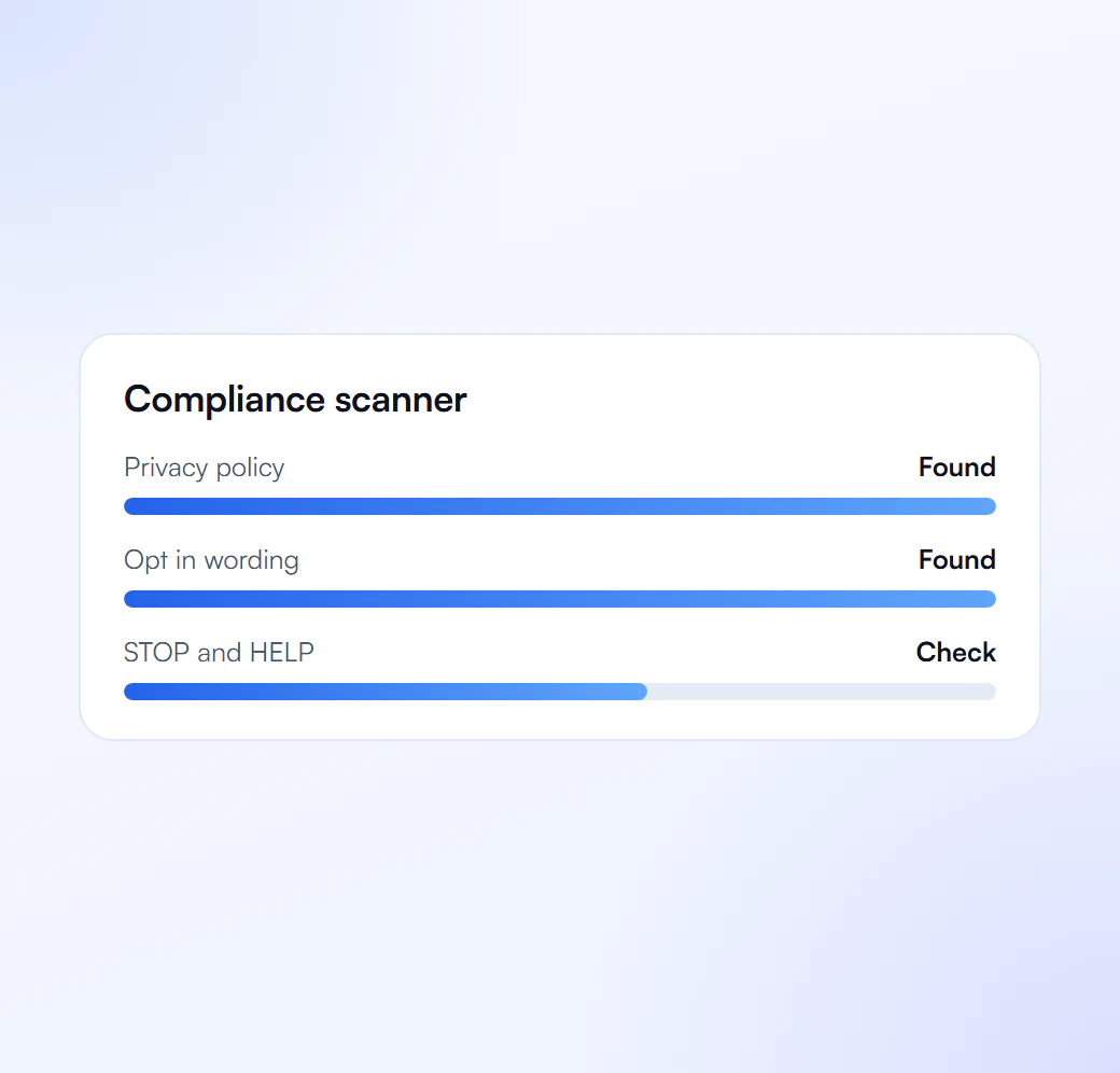Compliance scanner finding a privacy policy and opt in wording and checking STOP and HELP