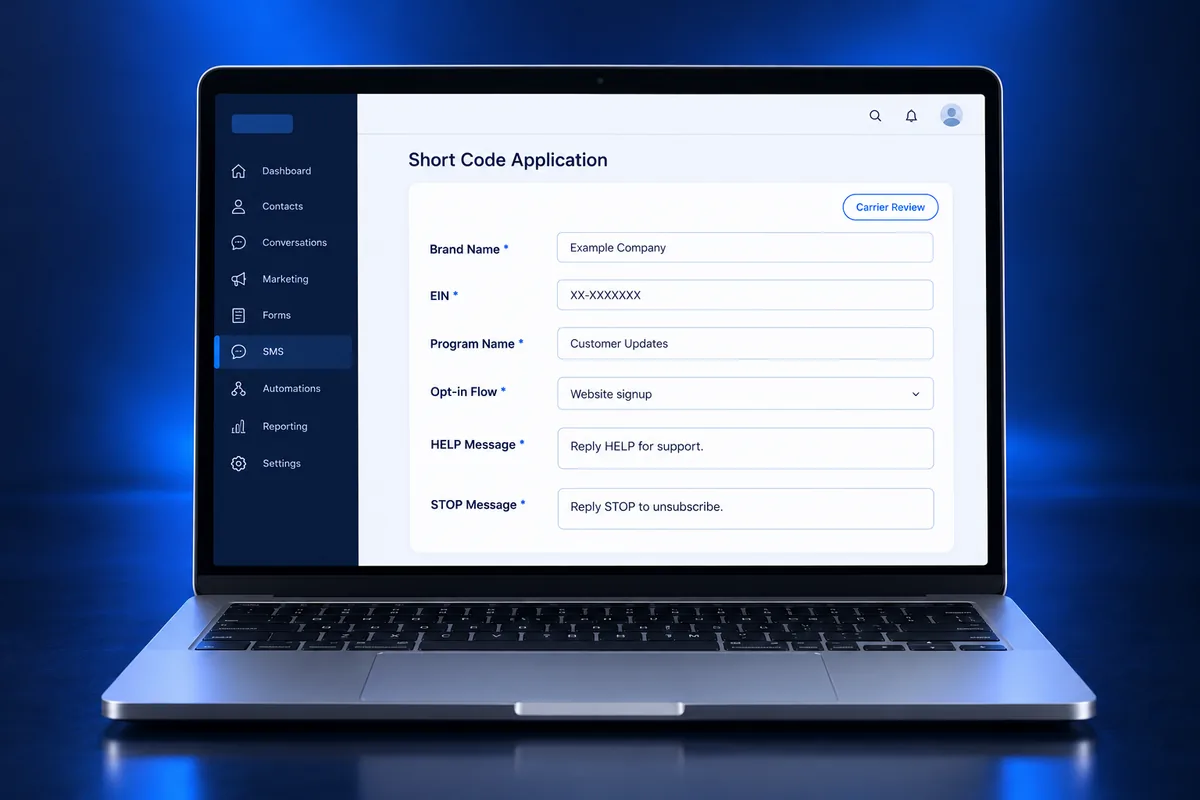 Short code application form with brand, EIN, opt-in and HELP/STOP fields under carrier review