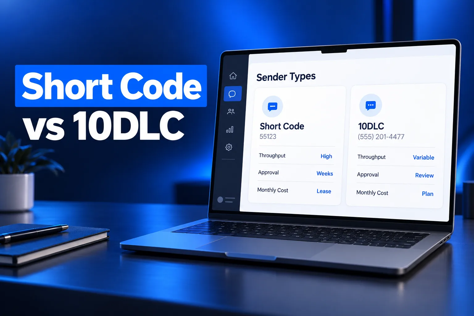 Short code vs 10DLC sender types compared on throughput, approval and monthly cost